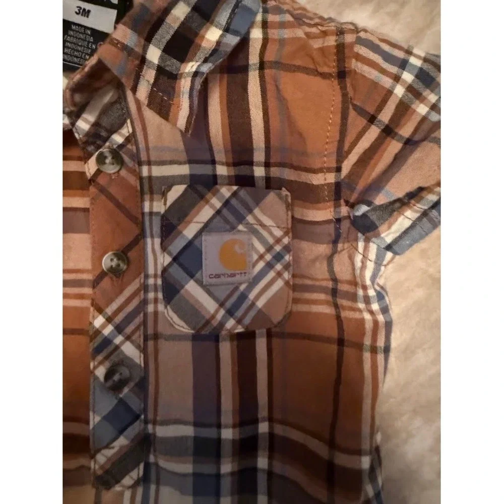 Carhartt Baby Boys 3M Plaid Short Sleeve Bodysuit Brown Blue Button Up Romper